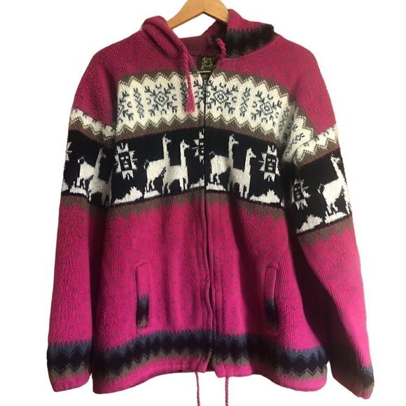 Tejidos Ruminahui Woman’s Full Zip Hooded Large Wool Jacket With Llamas - Picture 1 of 6